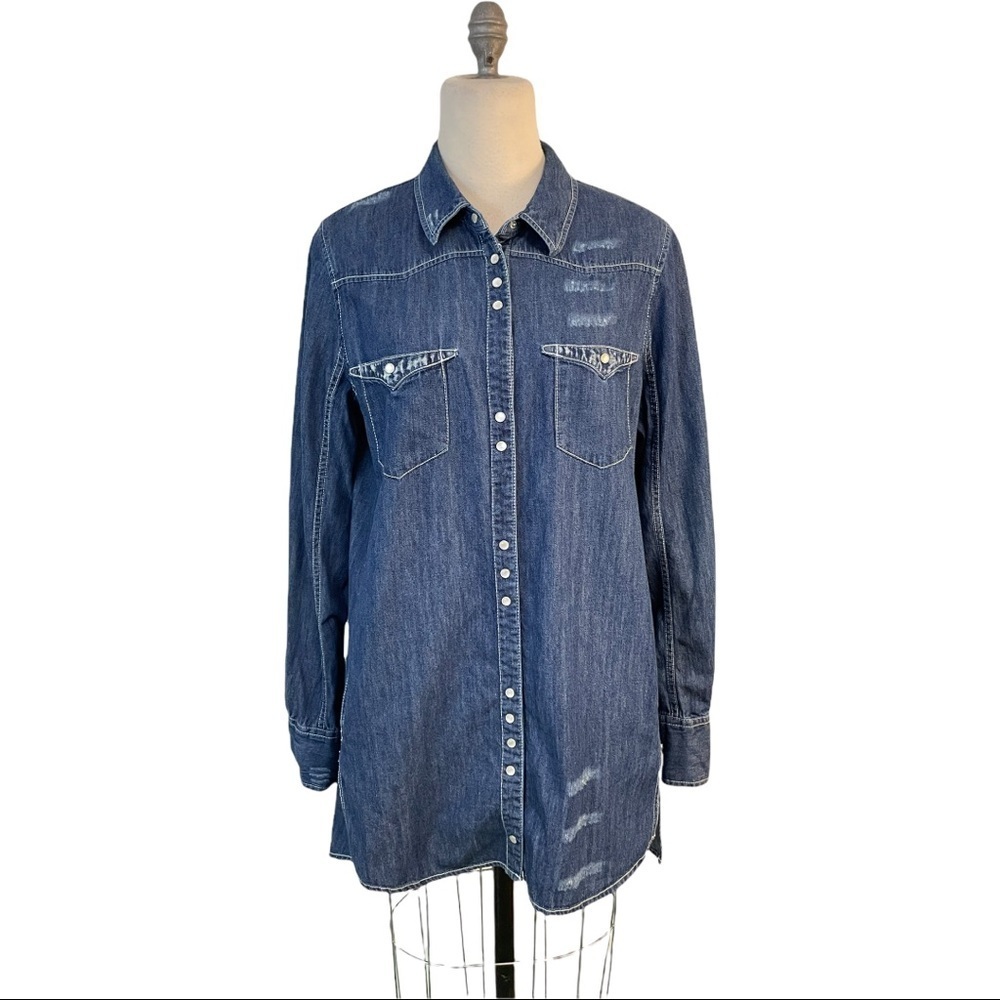 Free People Dark Denim Distressed Denim Mini Dress Long Tunic Large